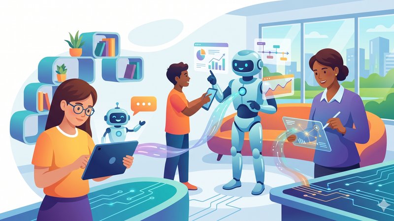 Современная иллюстрация трендов EdTech 2026: футуристичный интерфейс чат-бота для автоматизации обучения в онлайн-курсах
